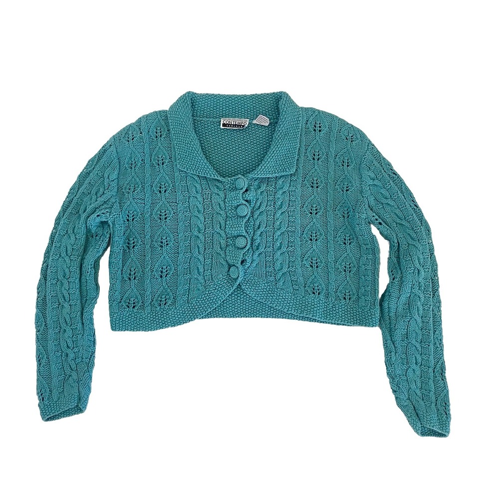 VTG 90s Contempo Casual Cable Knit Chunky Sweater M Teal Cardigan Crop Cotton